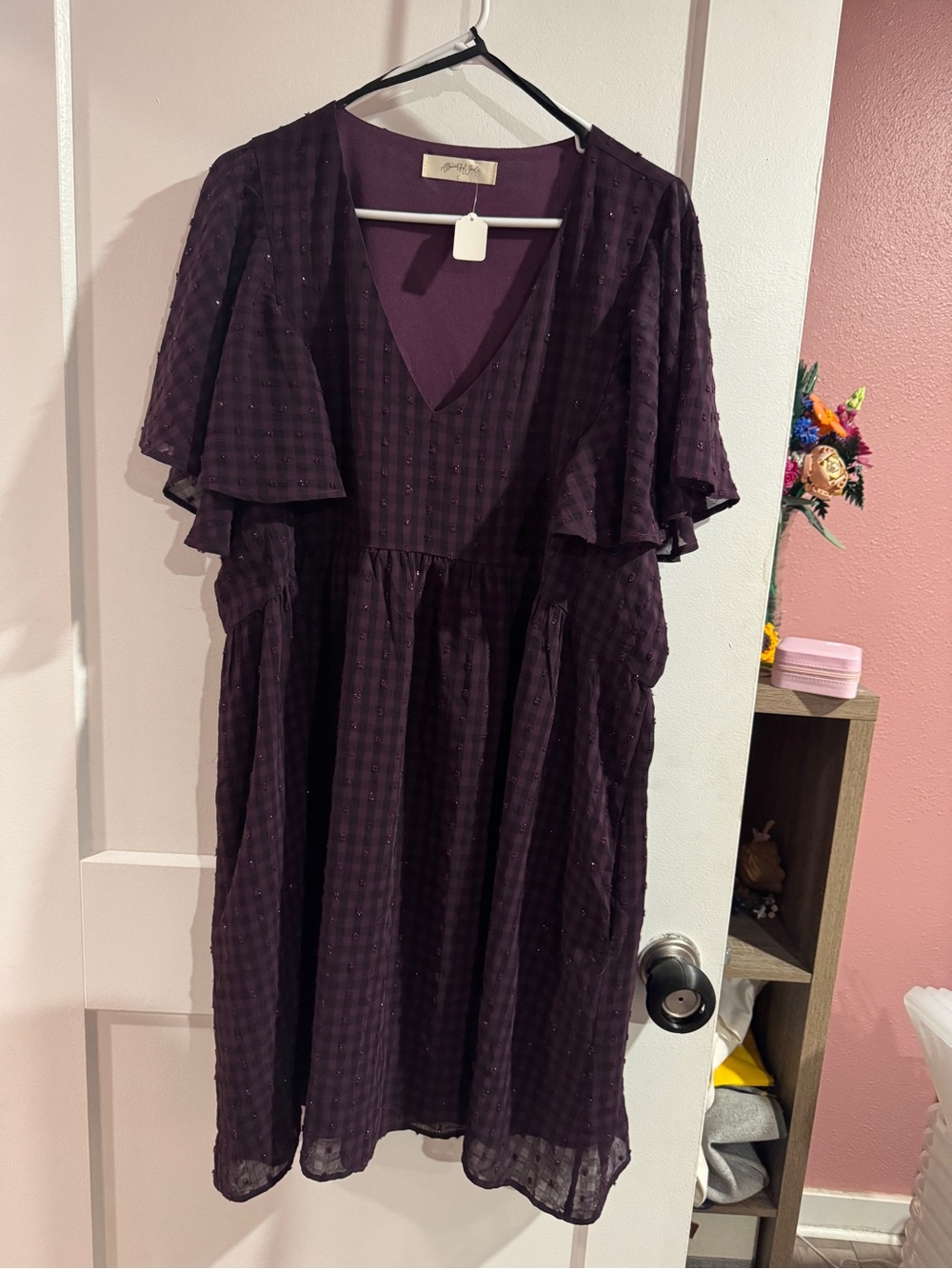 A Beautiful Soul Women’s Plum V-Neck Ruffle Sleeve Dress